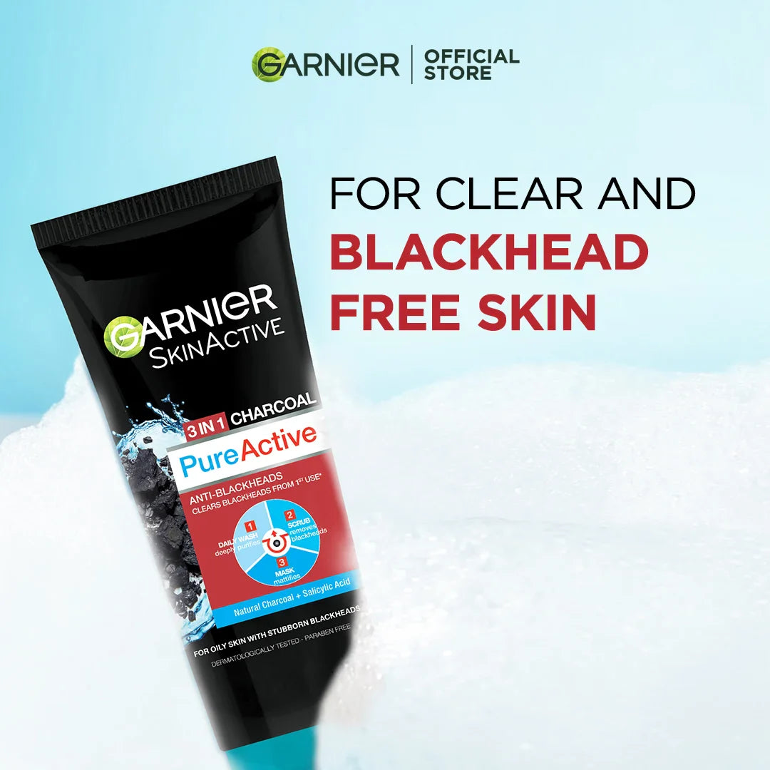 Garnier Pure Active 3 In 1 Charcoal Blackhead Face Wash Mask Scrub - 50ml