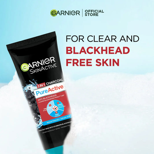 Garnier Pure Active 3 In 1 Charcoal Blackhead Face Wash Mask Scrub - 50ml