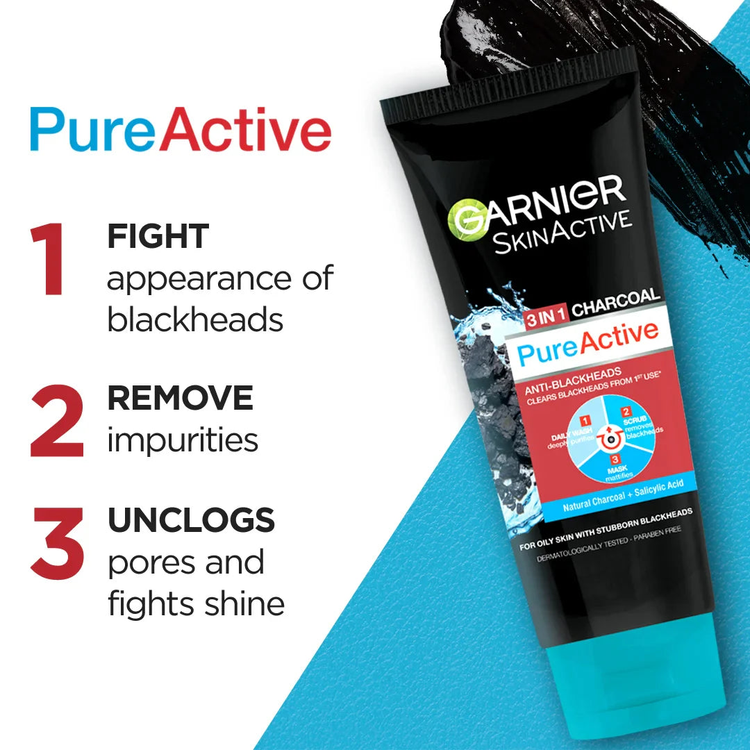 Garnier Pure Active 3 In 1 Charcoal Blackhead Face Wash Mask Scrub - 50ml