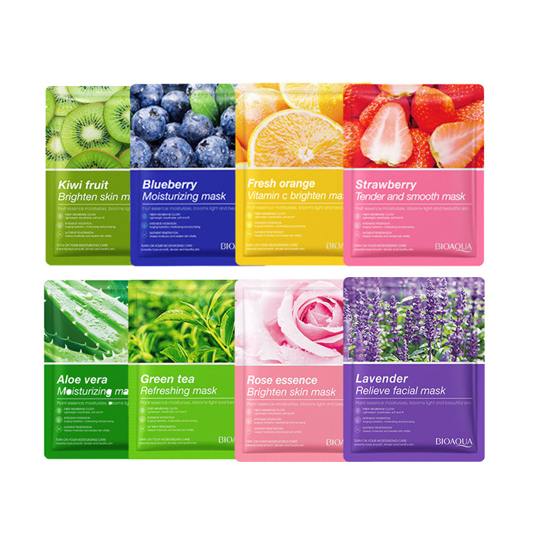 Bioaqua Pack of 8 Fruit Plant Extract Moisturizing Brighten Facial Sheet Mask