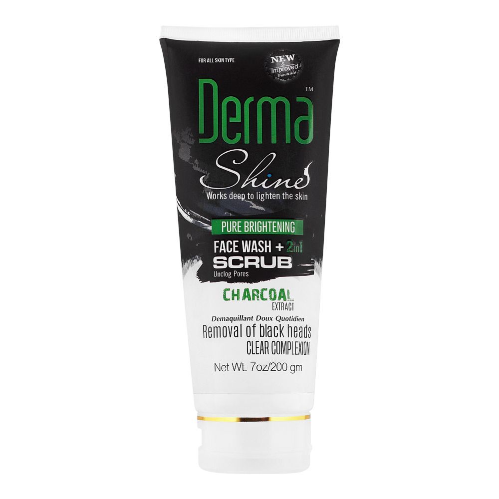 Derma Shine Pure Whitening Charcoal Extract 2-In-1 Face Wash + Scrub - 200g